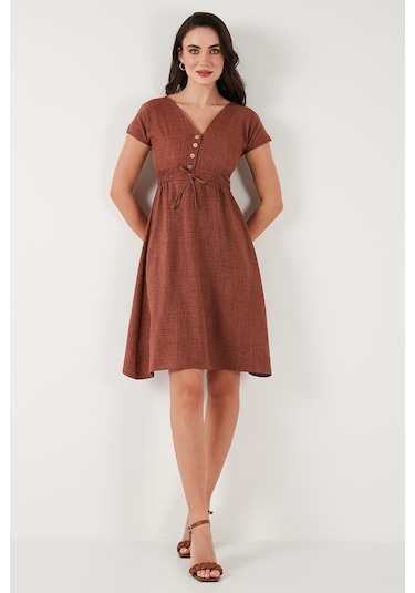 Lela Önü Düğmeli V Yaka Regular Fit Kısa Kollu Midi Bayan Elbise 5865747 Kahve