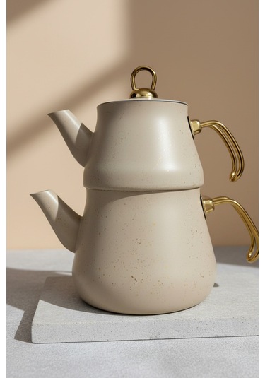 Yunusoğlu Home Granit Kaplama Gold Kulplu Cam Kapak Çaydanlık Krem Krem