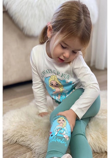 Elsa Desenli Yeşil Renk Kız Çocuk Taytlı Takım Yeşil