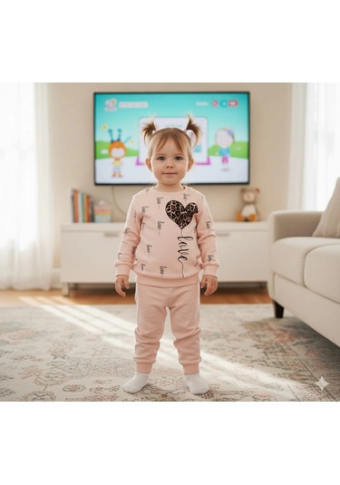 Kız Çocuk Leopar Desenli Kalp Baskılı Alt Üst İkili Gündelik Takım 1-4 Yaş SOMON