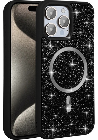 Ariatech İphone Uyumlu 15 Pro Max Kılıf Pırlanta Tasarımlı Magsafe Şarj Özellikli Mozaik Sil Siyah