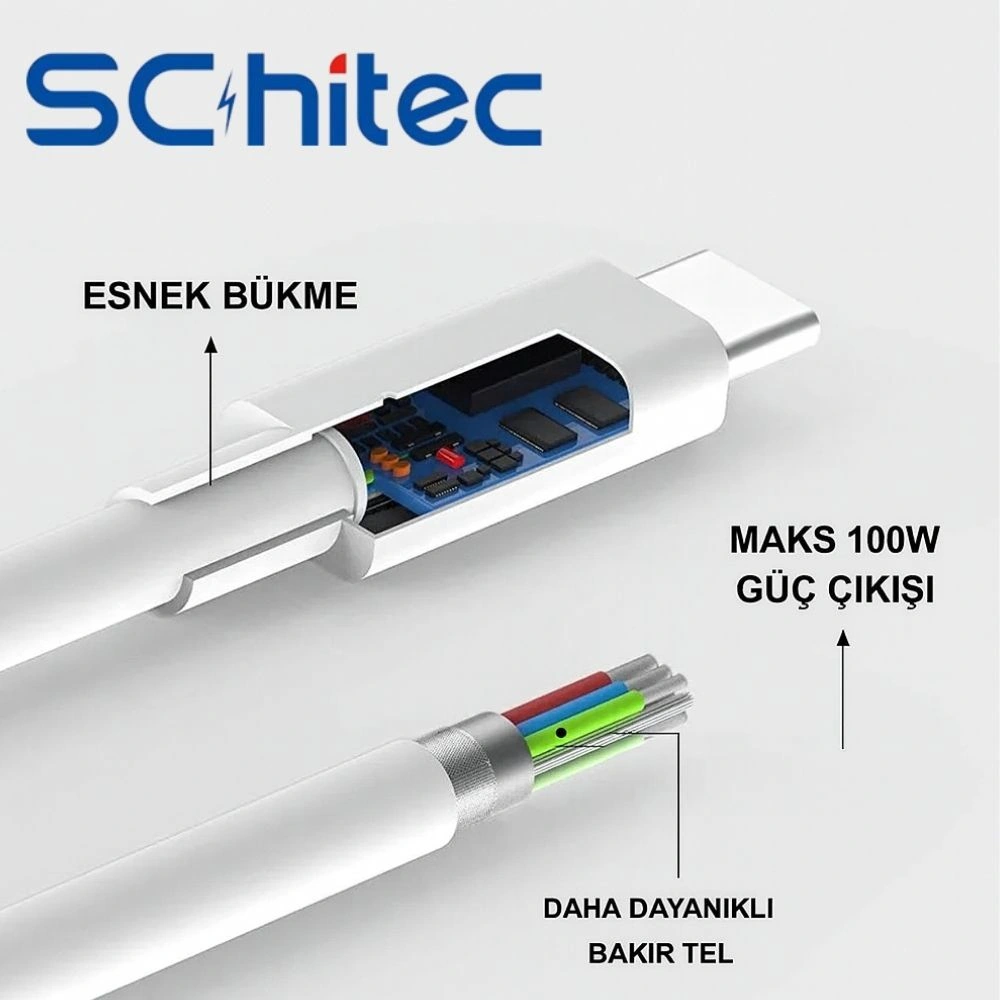 Schitec 6a 100w Type-c To Type-c Hızlı Data Ve Süper Şarj Kablosu 2 Metre Beyaz Sx20