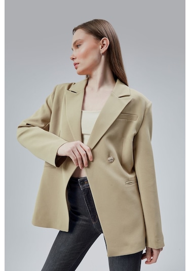 Vizon Regular Fit Yırtmaç Detaylı Blazer Ceket Vizon