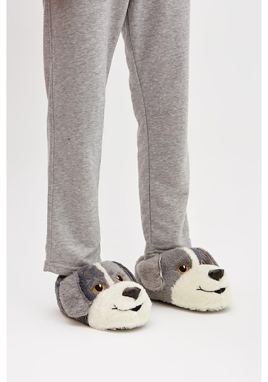 Gri Hayvanlı Sessiz Taban Panduf Sevimli Köpek Figürlü Peluş Ev Ayakkabısı Gri