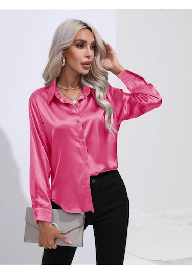 Gül Kırmızısı İlkbahar Ve Sonbahar Kadın Gömlek Saten Gömlek Mizaç Banliyö Uzun Kollu Üst Çok Renkli Gül Kırmızısı İlkbahar Ve Sonbahar Kadın Gömlek Saten Gömlek Mizaç Banliyö Uzun Kollu Üst Çok Renkli