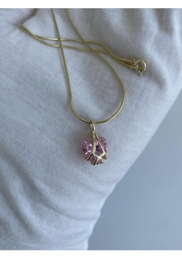 Pembe Kuvars Taşlı Sarı Gümüş Kolye Çok Renkli