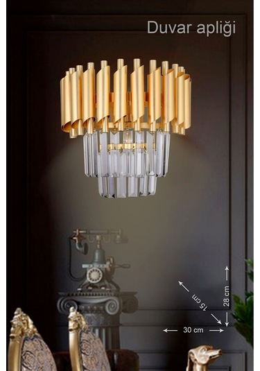 Palmira Kristal Taşlı Lüks Aplik - Sarı - Yaldız Sarı Yaldız