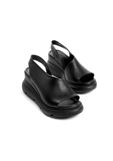 Elit Lyna Kadın Hakiki Deri Dolgu Topuk Sandalet Siyah Siyah
