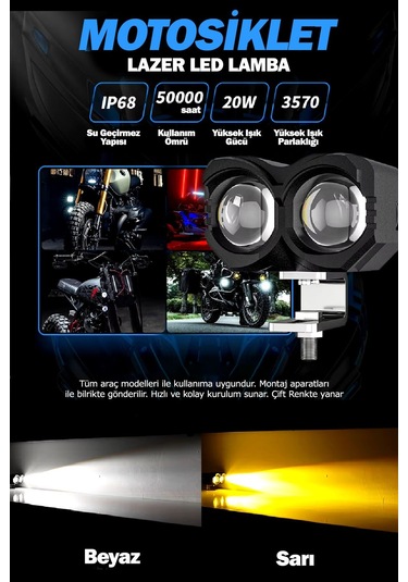 2 Adet Çift Renk Sarı Beyaz 60 Watt Motosiklet Atv Off Road Led Lamba Uyumlu