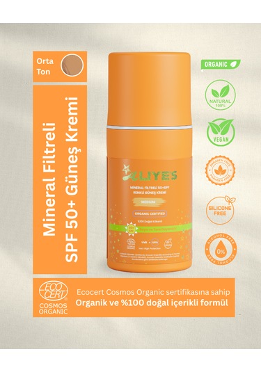 A Aliye's Mineral Filtreli Spf 50+ Renkli Organik Güneş Kremi Orta Ton 50 ML