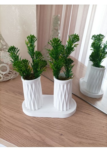 Mini Desenli İkili Beton Saksı Ve Oval Tabak - Yapay Çiçek Hediyeli - Yeşil Tomurcuk