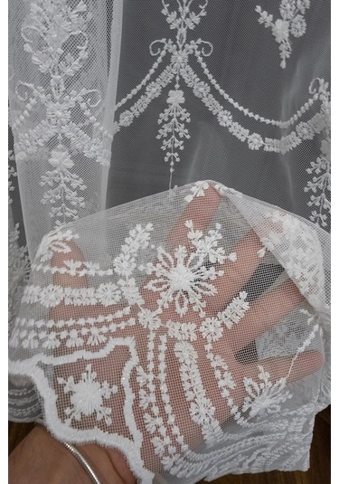 Tül Perde Mini Kare Silver Gold Tasarım Sırma Çizgili Tül 3kat Pileli Tül Perde BEYAZ