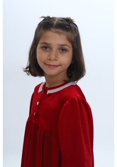 Toontoy Kız Çocuk Yaka Düğmeli Fırfırlı Elbise Kırmızı