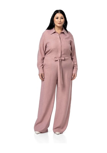 Büyük Beden Beli Tünelli Ve Arkadan Lastikli Geniş Paça Pembe Tulum Pembe