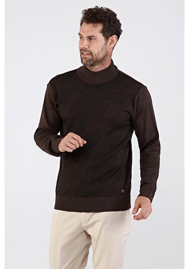 Çizgi Triko Erkek Çelik Örgü Yarım Balıkçı Triko Kazak 4609B Kahv Kahverengi