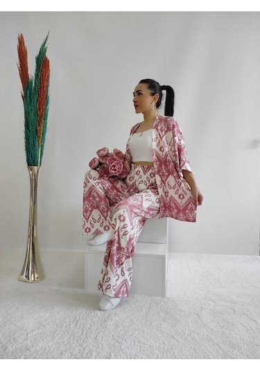 İpli Pembe Renk Desenli Ikili Kimono Takım Rahat Kalıp Pembe