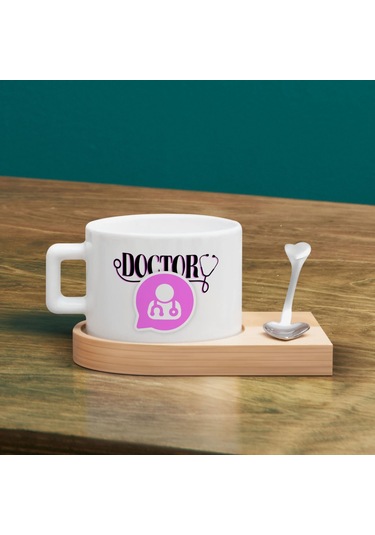 Bk Gift Kişiye Özel İsimli Doktor Tasarımlı-4, Ahşap Altlıklı Seramik Fincan, Meslek Hediyesi, Yeni İş Hediyesi Kobitmeyen137933 Bk Gift