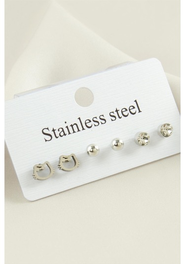 6 Adet Kedi Taşlı Çelik Küpe 0412 Gümüş