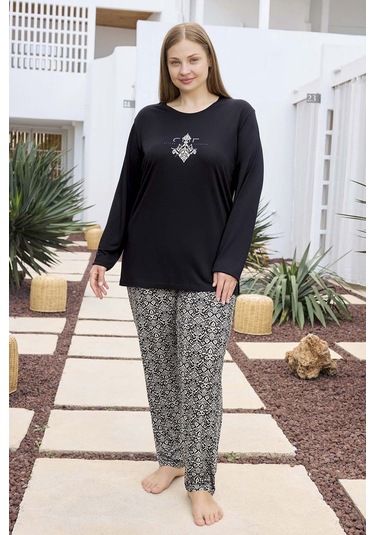 Büyük Beden Viskon Kadın Uzun Kol Pijama Takımı 250492 Siyah Siyah