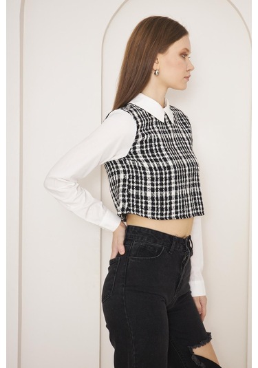 Darlin Moda Siyah Tweed Gömlek Yaka Crop Bluz Dm9002 Siyah