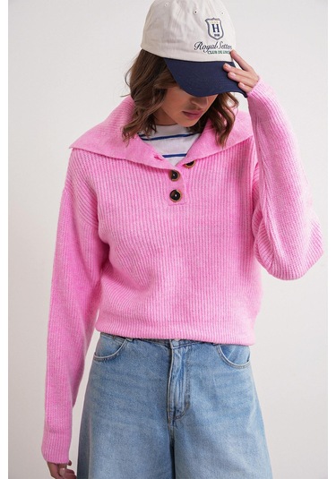 6900 Kadın Düğmeli Devrik Yaka Triko Kazak Pembe Pembe