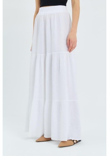 4567 Kadın Fırfırlı Uzun Müslin Etek Beyaz Beyaz