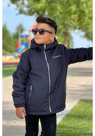 Erkek Çocuk Sabit Kapüşonlu Metal Armalı İçi Kürklü Mont Km3987 Lacivert