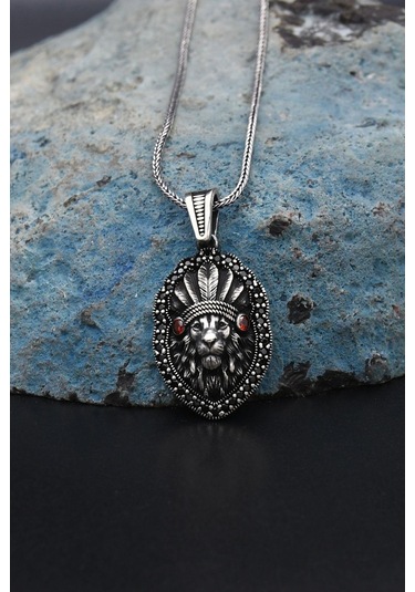 Kızılderili Aslan Figürlü 925 Ayar Erkek Gümüş Kolye Zincir 901306 Gümüş