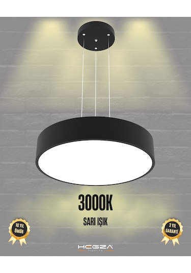 Drum 40cm Siyah Kasa, Sarı Işık Modern Sarkıt Led Avize Siyah
