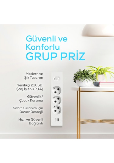 Günsan Elektrik 2 Usb'li 3'lü Çocuk Korumalı Topraklı Anahtarlı Grup Priz 3 Metre - 01351130-303310n11