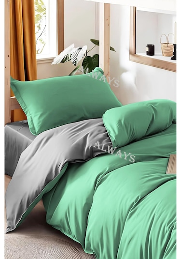 Always Çarşafı Lastikli Çift Taraflı Tek Kişilik Nevresim Takımı - Gri Yeşil