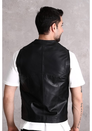 Hakiki Deri Yelek Yandan Cepli Erkek Siyah