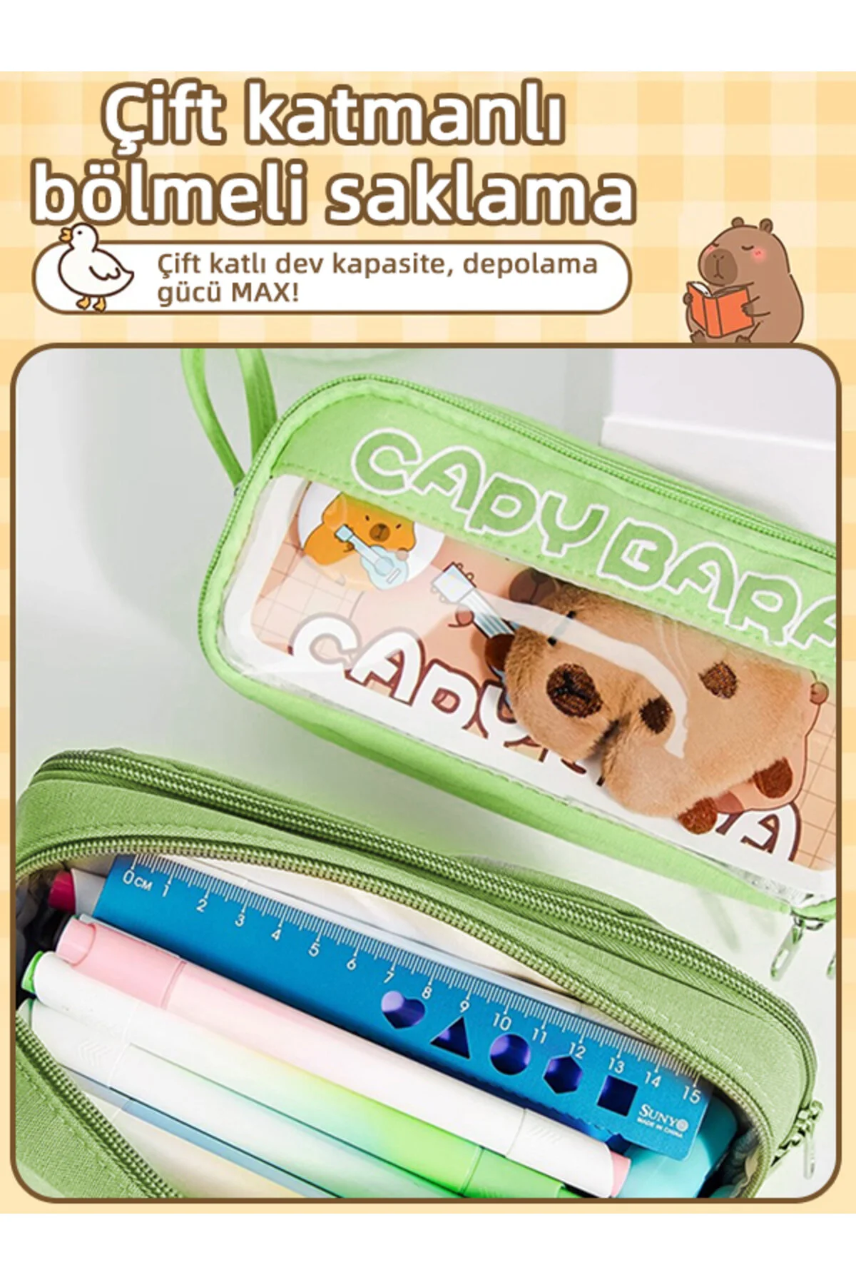 Capy Bara-40 Kalem Kapasiteli Çift Katlı Kalemlik Rastgele Broş & Oyuncak - Sütlü Kahverengi Sütlü Kahverengi