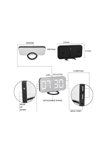 Youtek Ayna Yüzeyli Dijital Alarm Saati - Işıklı Ekran, 3 Seviye Parlaklık, Çift Usb Şarj, Uyku Modu, Otomatik Aydınlatma