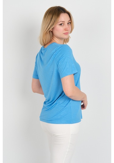 Ella Camelia Kadın Kelebek Şekilli Taş Süslemeli V Yaka Kısa Kollu Bluz 24e047 Mavi Mavi