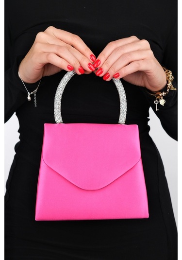 Luvishoes Monako Fuşya Saten Taşlı Kadın El Çantası Çok Renkli