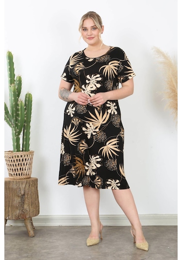 Kadın Siyah Vizon Floral Desen Midi Elbise Siyah