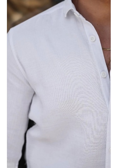 Erkek Müslin Kumaş Uzun Kol Yakalı Beyaz Gömlek Beyaz