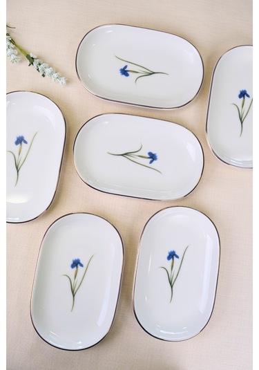 Tabak Evi Porselen Natura İris Altın Yaldızlı Oval Kayık Tabak 22,50x14,50x2,50cm 6 Lı Çok Renkli