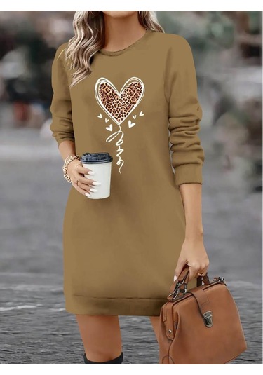 Kadın Uzun Kollu Bisiklet Yaka Kalp Desenli Kısa Viskon Elbise Bej