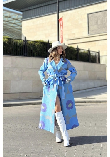 Kadın Mavi Desenli Astarlı, Ceket Yaka, Beli Kemerli, Rahat Kalıp, Digital Baskı, Uzun Kaşe Kaban Mavi
