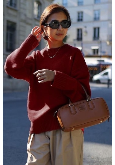 Bordo Bisiklet Yaka Oversize Triko Kazak Mg1972 Bordo