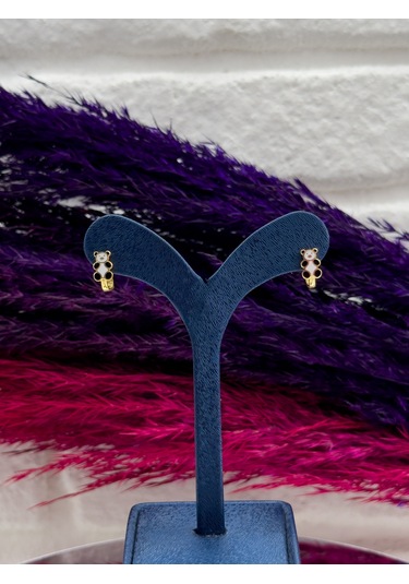 925 Ayar Gümüş Gold Renk Panda Tasarım Zarif Kız Çocuk Küpesi Gümüş