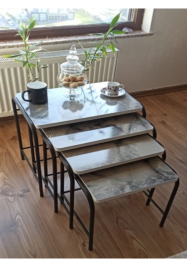 Milano 3d Parlak Sunta Metal Statik Siyah Ayaklı 4'lü Zigon Sehpa Üreticiden E1 Tse Mermer