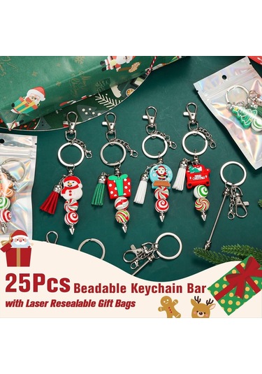 Gatherco 25 Parça Boncuklu Anahtarlık Bar Seti, Kendin Yap İçin Yeniden Kapatılabilir Hediye Çantasıyla Birlikte Gümüş Boncuklu Anahtarlık, Kolye Anahtarlık Yapımı İçin