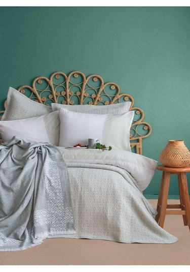 Apricitas Hometimeless Prime Set Omari Adaçayı Çift Kişilik Battaniyeli Ve Yatak Örtülü %100 Pamuk Nevresim Takımı