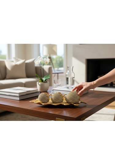 Frefly Store 3'lü Altın Taşlı Elma Dekor Seti Altın Yaprak Tabanlı