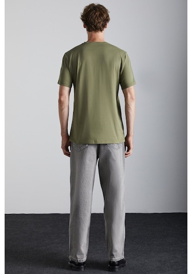 GRIMELANGE Solo Erkek %100 Organik Pamuklu Kalın Dokulu Comfort Fit Bisiklet Yakalı Haki T-shirt Haki