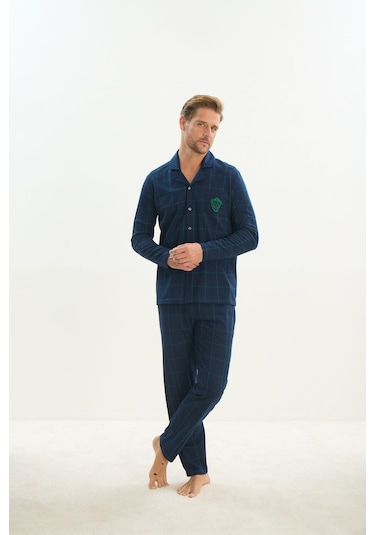 Erkek Uzun Kol Gömlek Yaka Önden Düğmeli Lacivert Pijama Takım C2t1n5o9 001