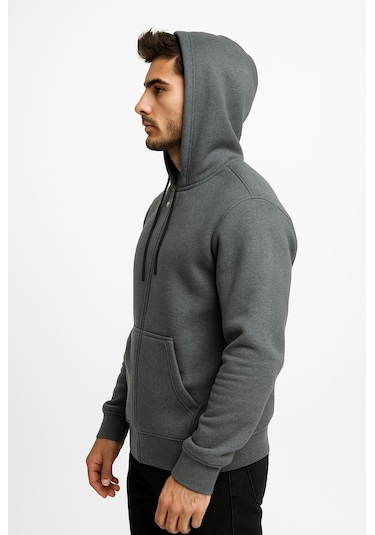 Axxel Erkek Gri Fermuarlı Kapüşonlu Sweatshirt-w590 Gri 3 İplik Şardonlu